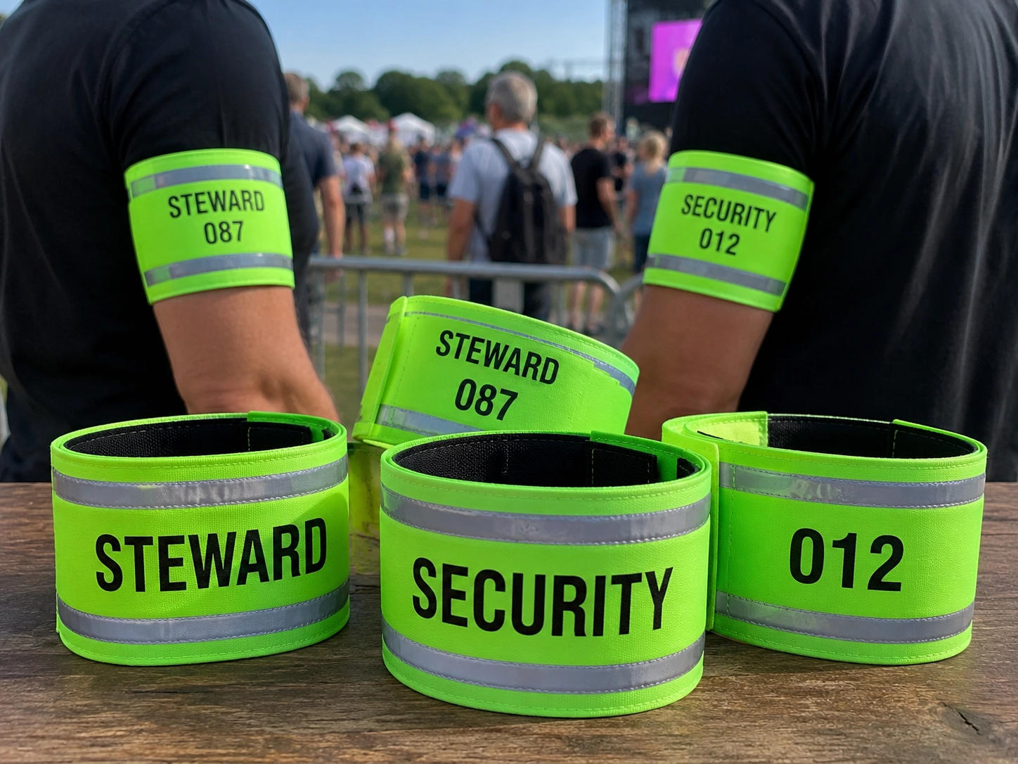 Daylight-visible fluorescent green personalized armbands with reflective strips for event stewards and security teams
