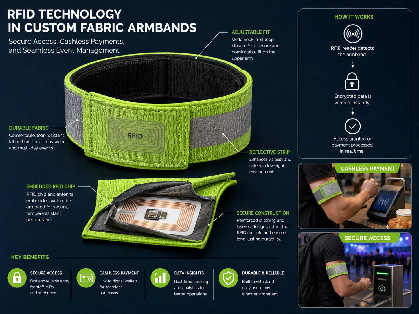 Technical integration of RFID chips into custom fabric armbands for cashless payments and secure event access Technical integration of RFID chips into custom fabric armbands for cashless payments and secure event access